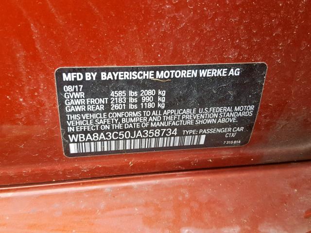 WBA8A3C50JA358734 - 2018 BMW 320 XI TAN photo 10