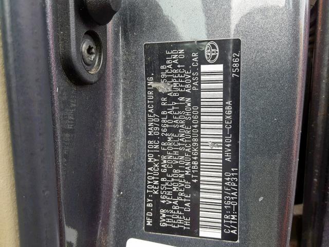 4T1BB46K98U040600 - 2008 TOYOTA CAMRY HYBR GRAY photo 10