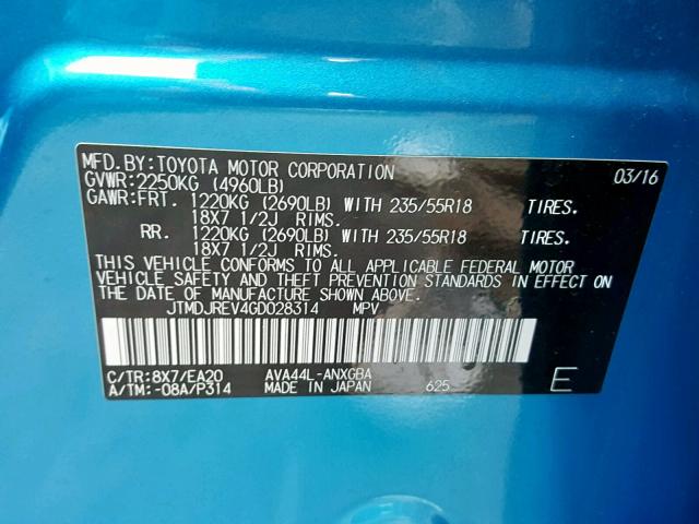 JTMDJREV4GD028314 - 2016 TOYOTA RAV4 HV LI BLUE photo 10