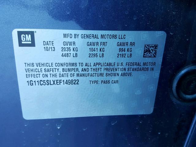 1G11C5SLXEF149822 - 2014 CHEVROLET MALIBU 1LT BLUE photo 10