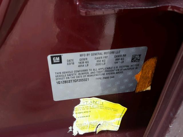 1G1ZB5ST7GF265021 - 2016 CHEVROLET MALIBU LS BURGUNDY photo 10