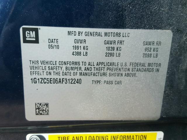 1G1ZC5E06AF312240 - 2010 CHEVROLET MALIBU 1LT 蓝色 照片 10