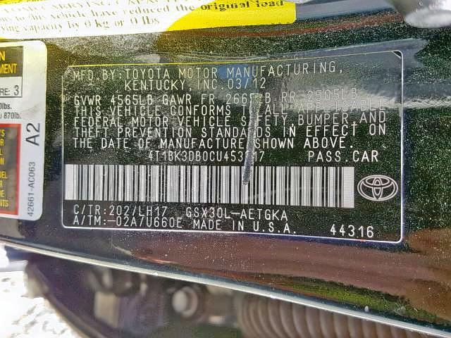 4T1BK3DB0CU453317 - 2012 TOYOTA AVALON BAS BLACK photo 10