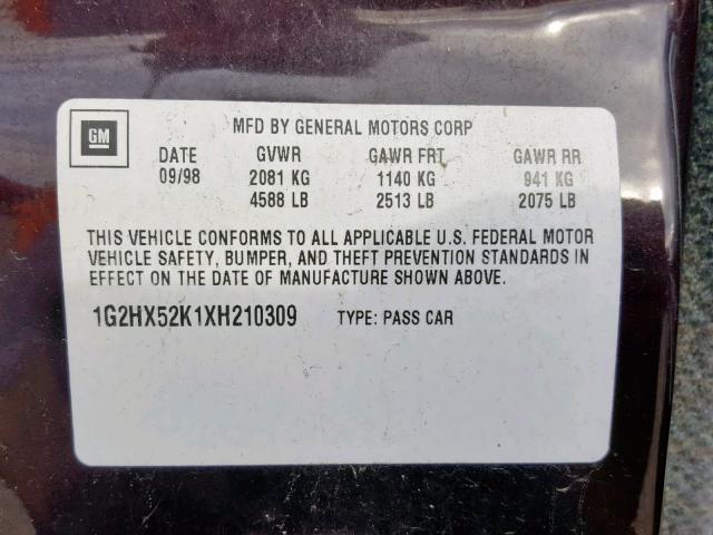 1G2HX52K1XH210309 - 1999 PONTIAC BONNEVILLE MAROON photo 10