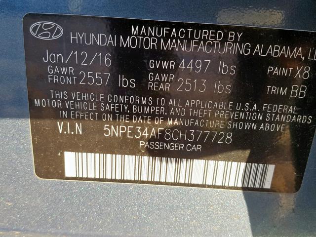 5NPE34AF8GH377728 - 2016 HYUNDAI SONATA SPO BLUE photo 10