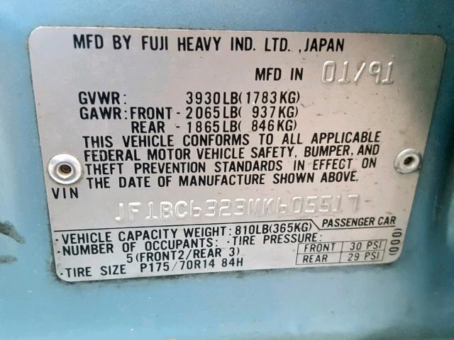 JF1BC6323MK605517 - 1991 SUBARU LEGACY L BLUE photo 10