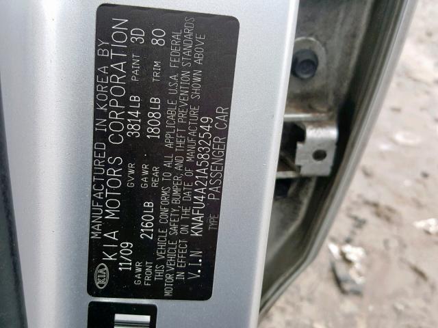 KNAFU4A21A5832549 - 2010 KIA FORTE EX SILVER photo 10