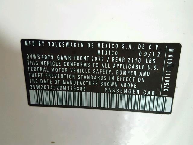 3VW2K7AJ2DM379389 - 2013 VOLKSWAGEN JETTA BASE Սպիտակ լուսանկար 10