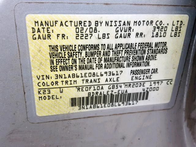 3N1AB61E08L693617 - 2008 NISSAN SENTRA 2.0 SILVER photo 10