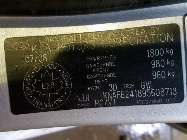 KNAFE241895608713 - 2009 KIA SPECTRA SX SILVER photo 10