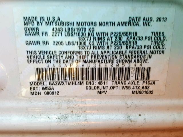 4A4AP3AU3EE005344 - 2014 MITSUBISHI OUTLANDER WHITE photo 10