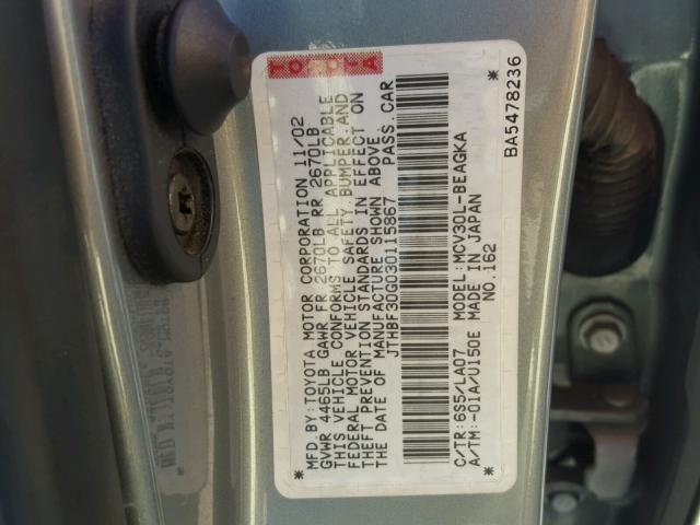 JTHBF30G030115867 - 2003 LEXUS ES 300 SILVER photo 10