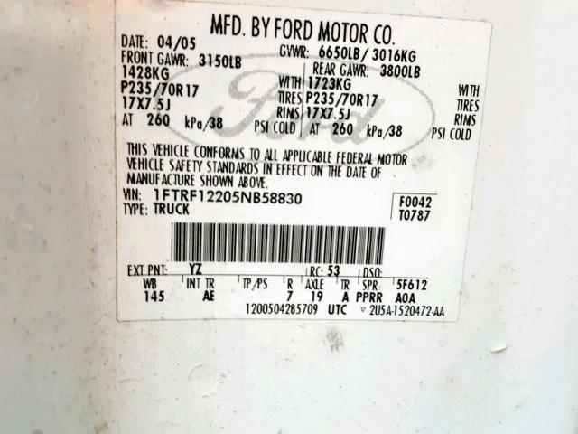 1FTRF12205NB58830 - 2005 FORD F150 WHITE photo 10