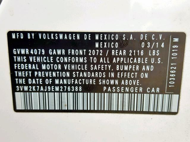 3VW2K7AJ9EM276388 - 2014 VOLKSWAGEN JETTA BASE Սպիտակ լուսանկար 10