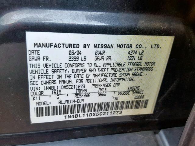 1N4BL11DX5C211273 - 2005 NISSAN ALTIMA SE CHARCOAL photo 10