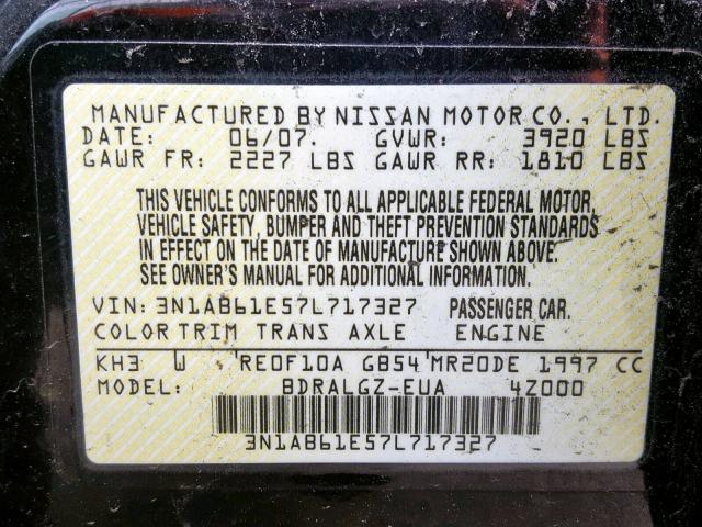 3N1AB61E57L717327 - 2007 NISSAN SENTRA 2.0 BLACK photo 10