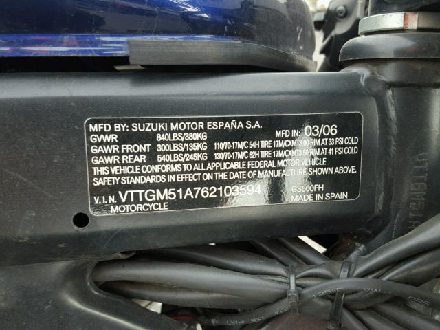 VTTGM51A762103594 - 2006 SUZUKI GS500 FK BLUE photo 10