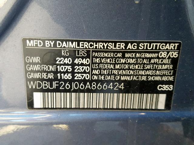 WDBUF26J06A866424 - 2006 MERCEDES-BENZ E 320 CDI BLUE photo 10