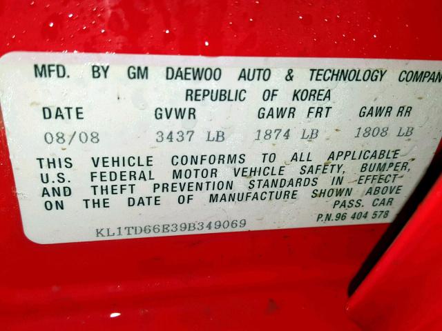 KL1TD66E39B349069 - 2009 CHEVROLET AVEO LS RED photo 10