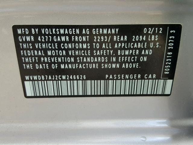 WVWDB7AJ2CW246626 - 2012 VOLKSWAGEN GOLF 银色 照片 10