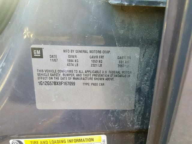 1G1ZG57BX8F167099 - 2008 CHEVROLET MALIBU LS ნაცრისფერი ფოტო 10