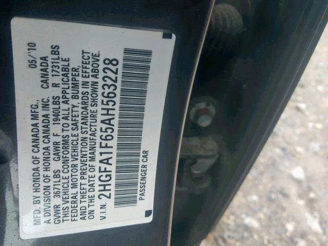 2HGFA1F65AH563228 - 2010 HONDA CIVIC LX-S ნაცრისფერი ფოტო 10