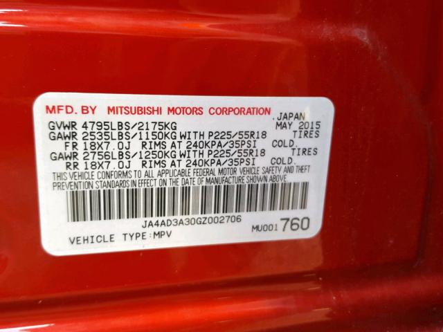 JA4AD3A30GZ002706 - 2016 MITSUBISHI OUTLANDER RED photo 10