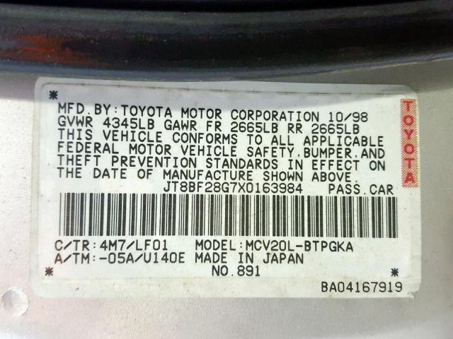 JT8BF28G7X0163984 - 1999 LEXUS ES 300 SILVER photo 10