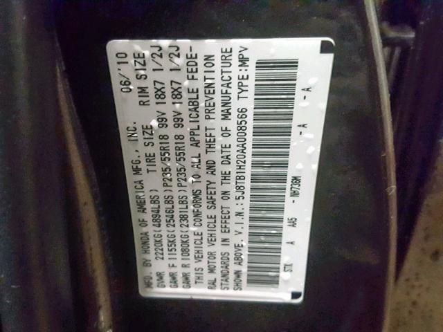 5J8TB1H20AA008566 - 2010 ACURA RDX GRAY photo 10