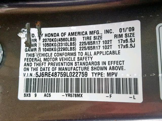 5J6RE48759L022759 - 2009 HONDA CR-V EXL GRAY photo 10