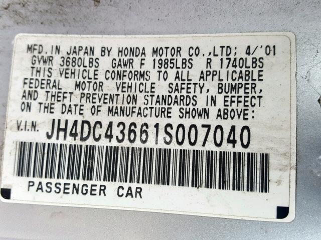 JH4DC43661S007040 - 2001 ACURA INTEGRA GS SILVER photo 10