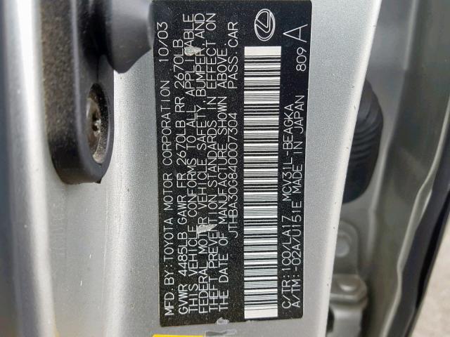 JTHBA30G840007304 - 2004 LEXUS ES 330 SILVER photo 10