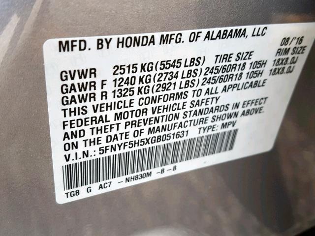 5FNYF5H5XGB051631 - 2016 HONDA PILOT EXL SILVER photo 10