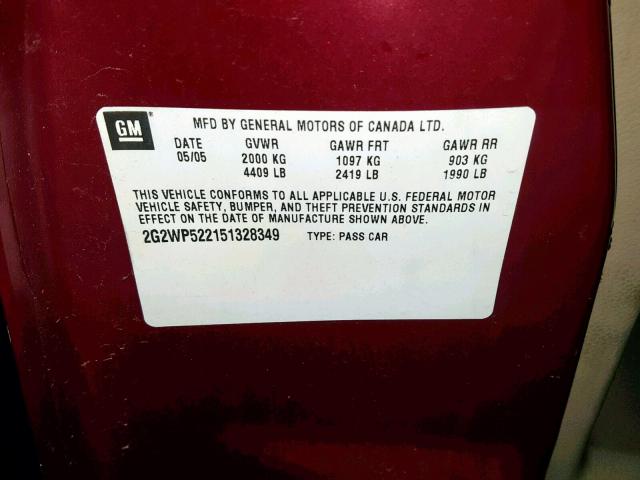 2G2WP522151328349 - 2005 PONTIAC GRAND PRIX MAROON photo 10