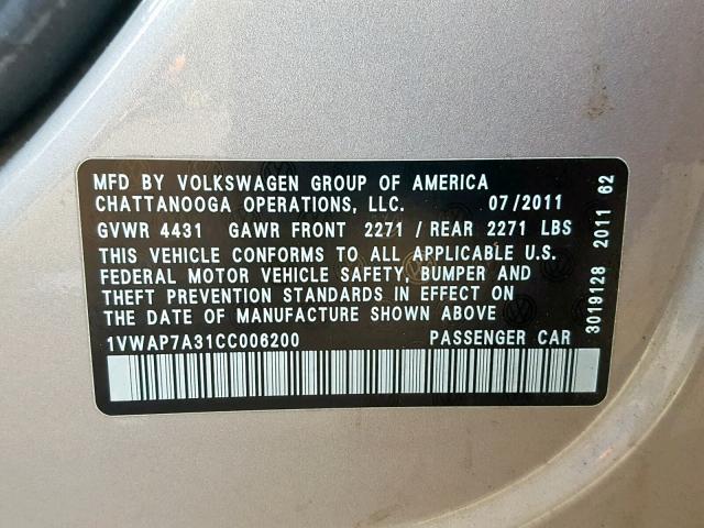 1VWAP7A31CC006200 - 2012 VOLKSWAGEN PASSAT S SILVER photo 10