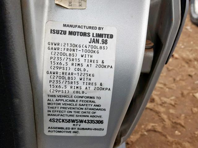 4S2CK58W5W4335306 - 1998 ISUZU RODEO S SILVER photo 10