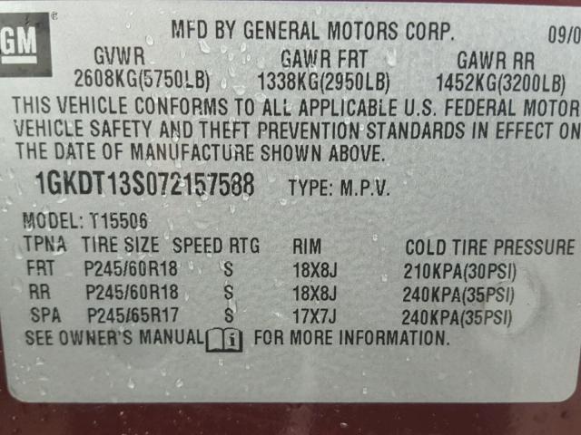 1GKDT13S072157588 - 2007 GMC ENVOY BURGUNDY photo 10