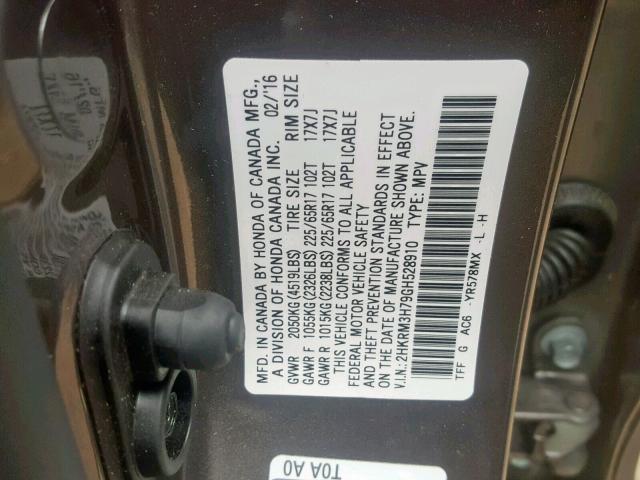 2HKRM3H79GH528910 - 2016 HONDA CR-V EXL GRAY photo 10