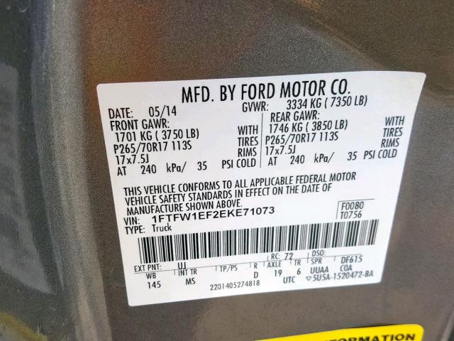 1FTFW1EF2EKE71073 - 2014 FORD F150 SUPER GRAY photo 10