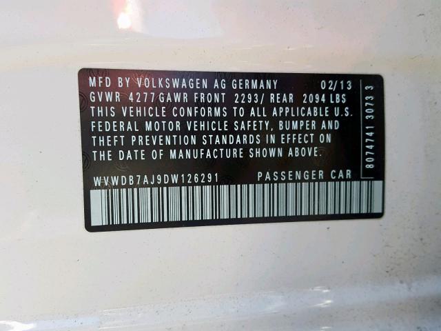 WVWDB7AJ9DW126291 - 2013 VOLKSWAGEN GOLF 白色 照片 10