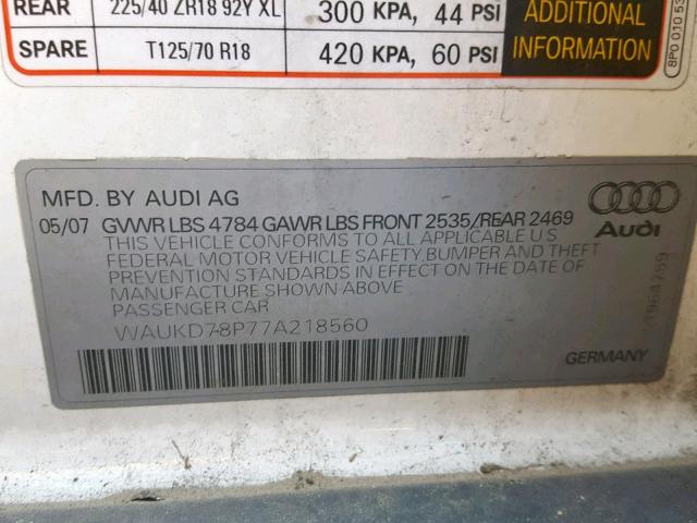 WAUKD78P77A218560 - 2007 AUDI A3 S-LINE WHITE photo 10