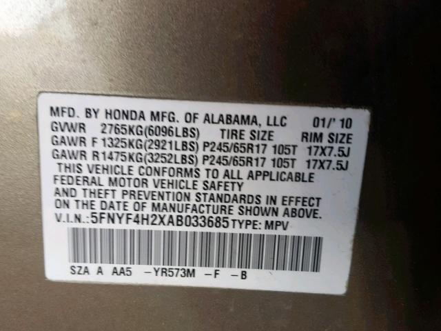 5FNYF4H2XAB033685 - 2010 HONDA PILOT LX TAN photo 10