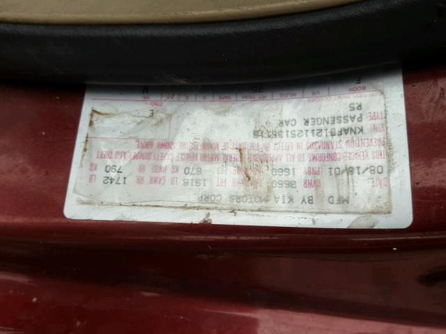 KNAFB121125135118 - 2002 KIA SPECTRA BA MAROON photo 10