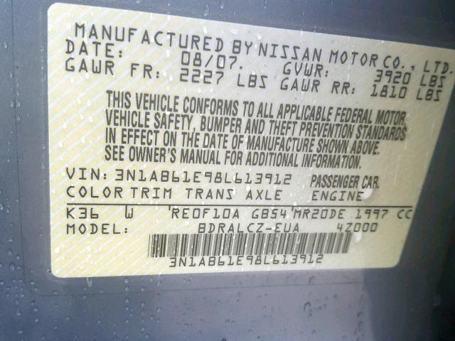 3N1AB61E98L613912 - 2008 NISSAN SENTRA 2.0 SILVER photo 10