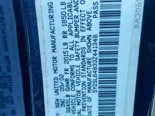 5Y2SL64833Z441348 - 2003 PONTIAC VIBE BLUE photo 10