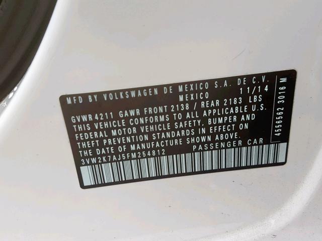 3VW2K7AJ5FM254812 - 2015 VOLKSWAGEN JETTA BASE Սպիտակ լուսանկար 10