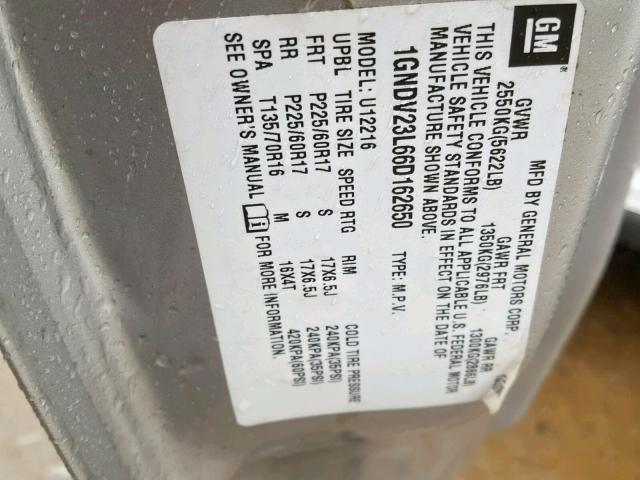 1GNDV23L66D162650 - 2006 CHEVROLET UPLANDER L 银色 照片 10