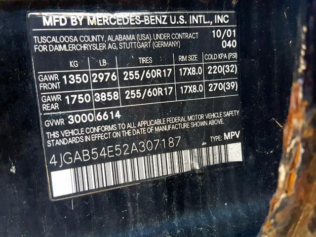 4JGAB54E52A307187 - 2002 MERCEDES-BENZ ML 320 BLACK photo 10