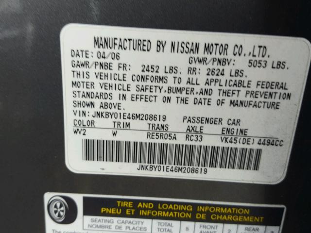 JNKBY01E46M208619 - 2006 INFINITI M45 BASE GRAY photo 10