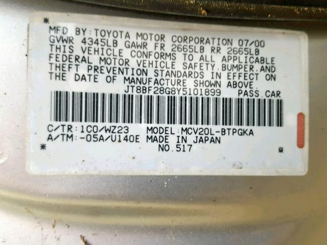 JT8BF28G8Y5101899 - 2000 LEXUS ES 300 SILVER photo 10